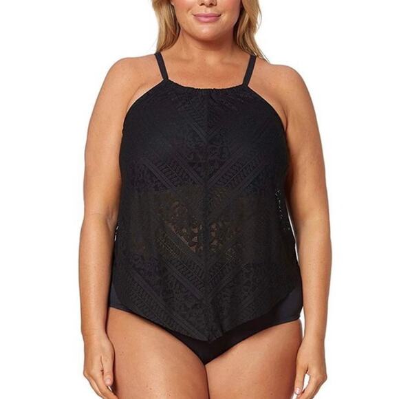 Bleu Rod Beattie Black Crochet High Neck Tankini Top 18W NWT - Picture 1 of 3